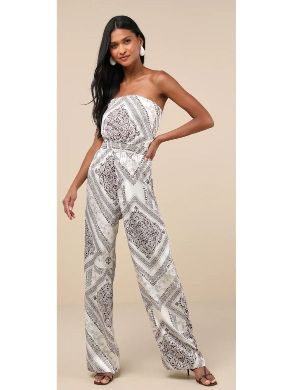 Lulu's White and Black Printed Strapless Jumpsuit